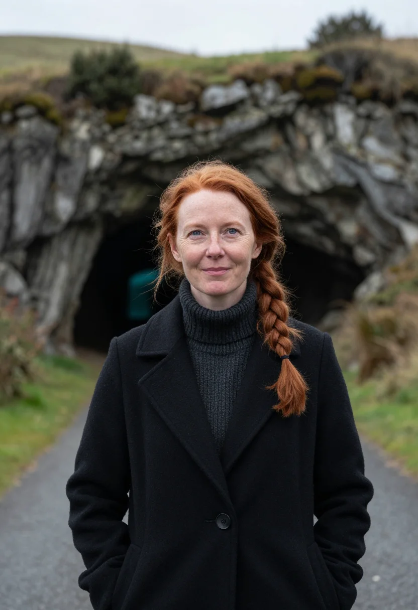 AI waitomo cave biologist glow blue black sample — portrait of a woman, a cave biologist in her fifties of Iris