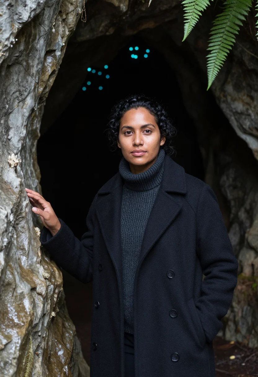 AI waitomo cave biologist glow blue black sample — portrait of a woman, a cave biologist in her early thirties
