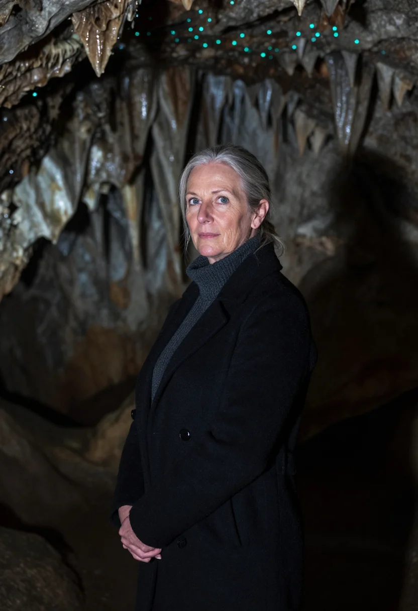 AI waitomo cave biologist glow blue black sample — portrait of a woman, a cave biologist in her fifties of Wels