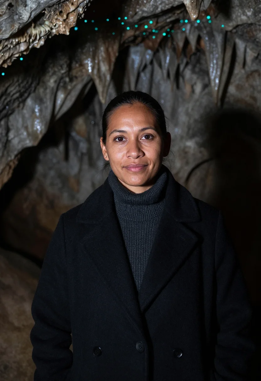 AI waitomo cave biologist glow blue black sample — portrait of a woman, a cave biologist in her late thirties o