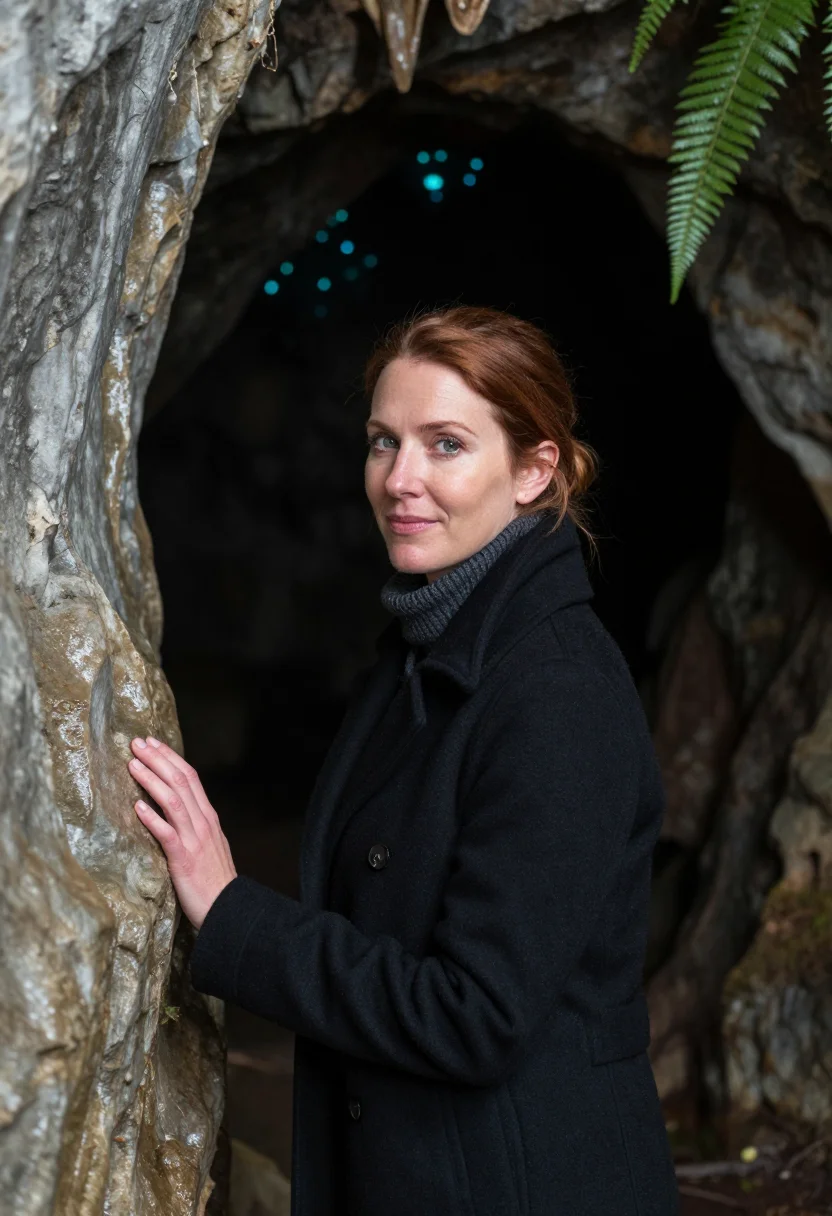 AI waitomo cave biologist glow blue black sample — portrait of a woman, a cave biologist in her forties of Germ