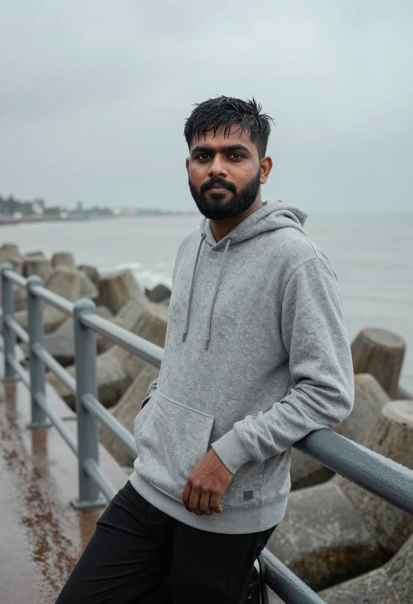 AI wake up sid mumbai marine drive monsoon sample — portrait of a man, a Tamil man in his late twenties of stock