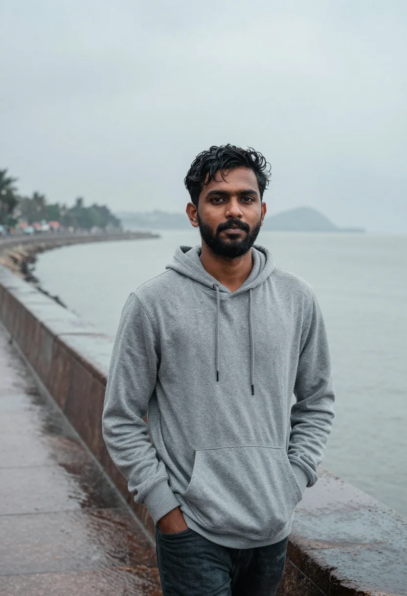 AI wake up sid mumbai marine drive monsoon sample — portrait of a man, a Malayali man in his early thirties with