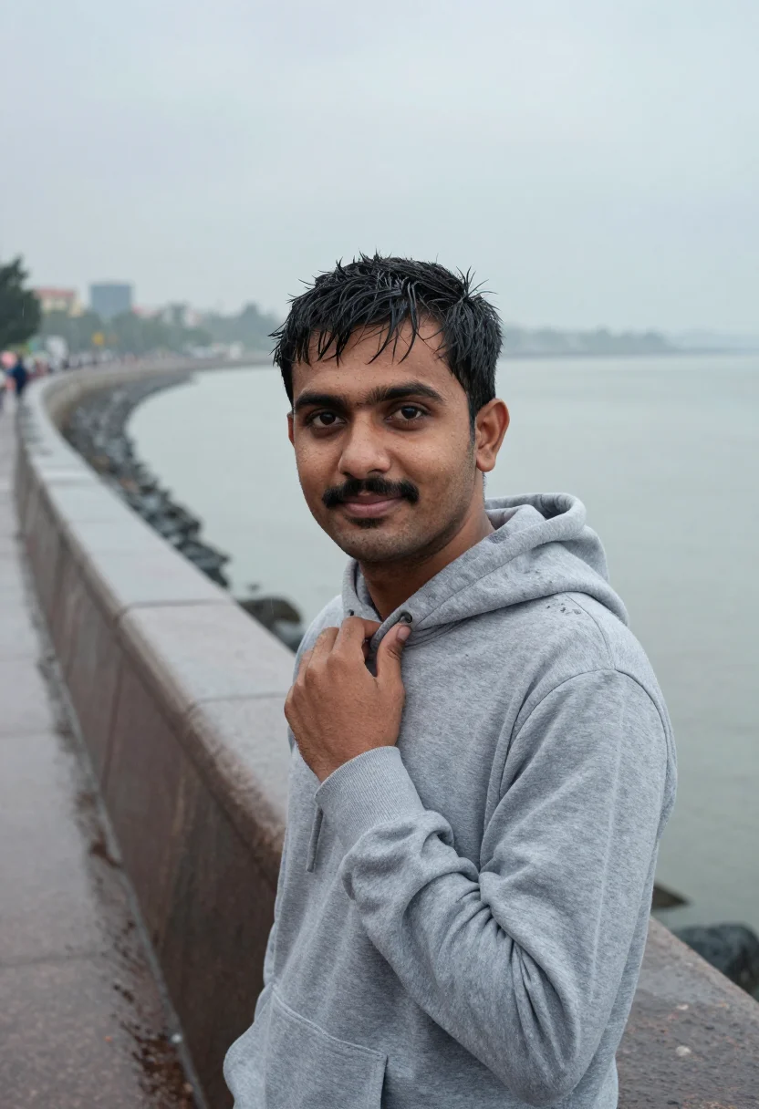 AI wake up sid mumbai marine drive monsoon sample — portrait of a man, a Parsi man in his late twenties with war