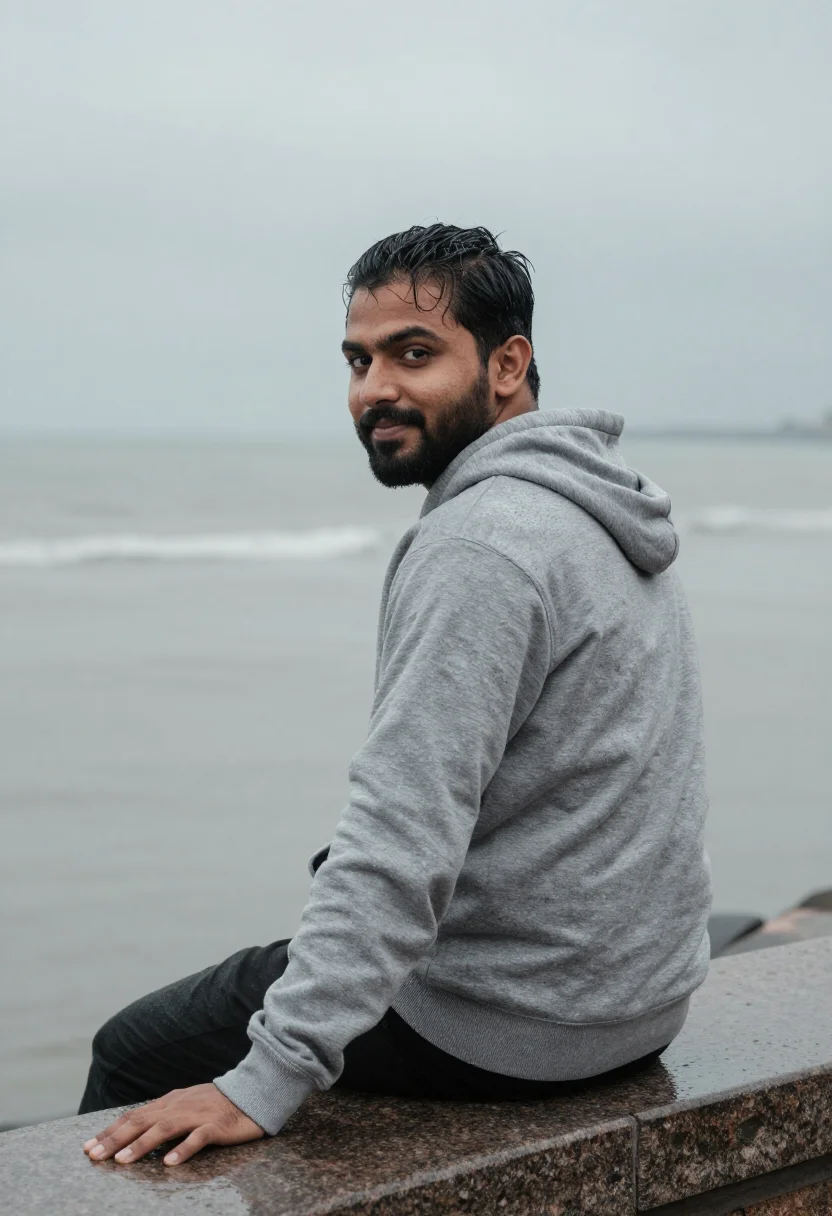AI wake up sid mumbai marine drive monsoon sample — portrait of a man, a Punjabi man in his late twenties of bro