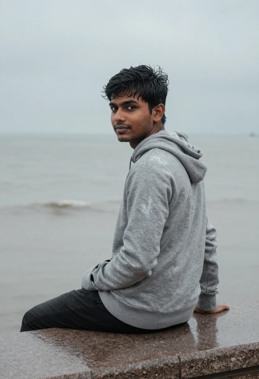 AI wake up sid mumbai marine drive monsoon sample — portrait of a man, a Bengali man in his early twenties with