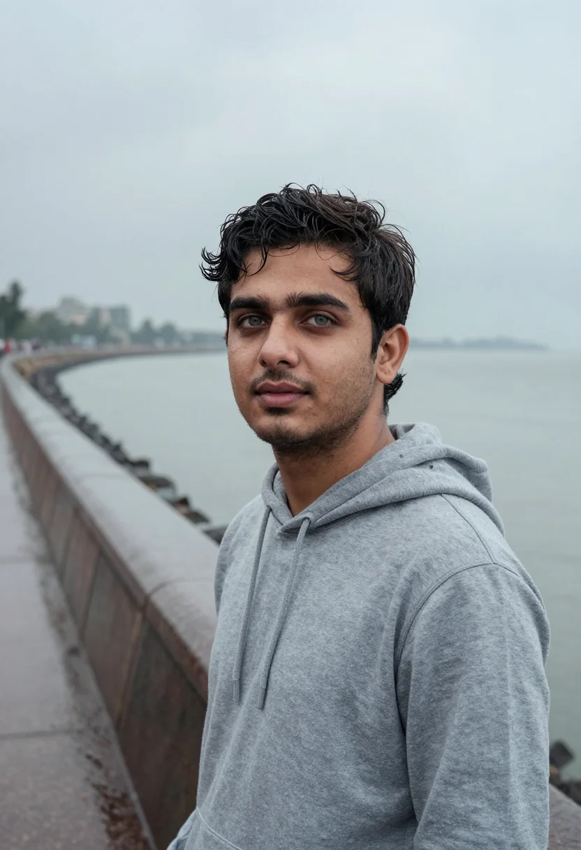 AI wake up sid mumbai marine drive monsoon sample — portrait of a man, a Kashmiri man in his mid-twenties with f