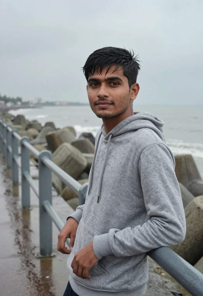 AI wake up sid mumbai marine drive monsoon sample — portrait of a man, a Gujarati man in his mid-twenties of sli