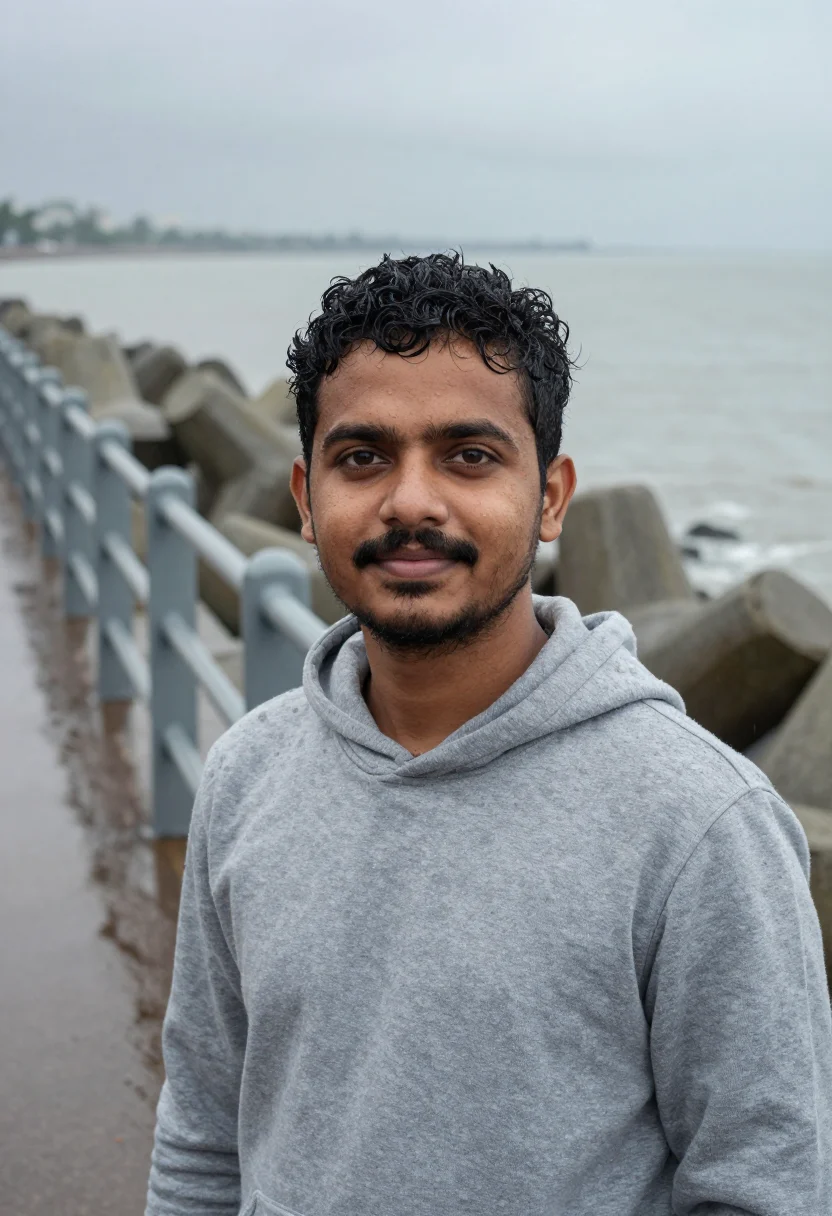 AI wake up sid mumbai marine drive monsoon sample — portrait of a man, a Goan man in his late twenties with gold