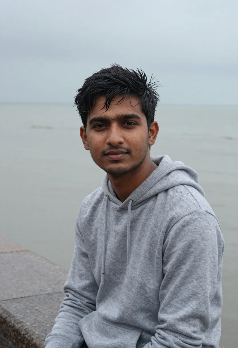 AI wake up sid mumbai marine drive monsoon sample — portrait of a man, a Maharashtrian man in his mid-twenties o
