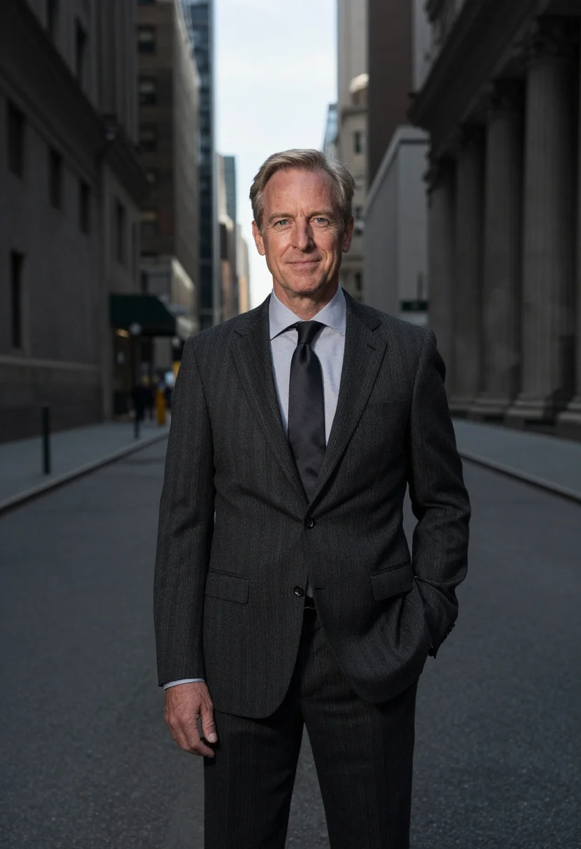 AI wall street banker charcoal sample — portrait of a man, framed at half-length, cropped at the hip