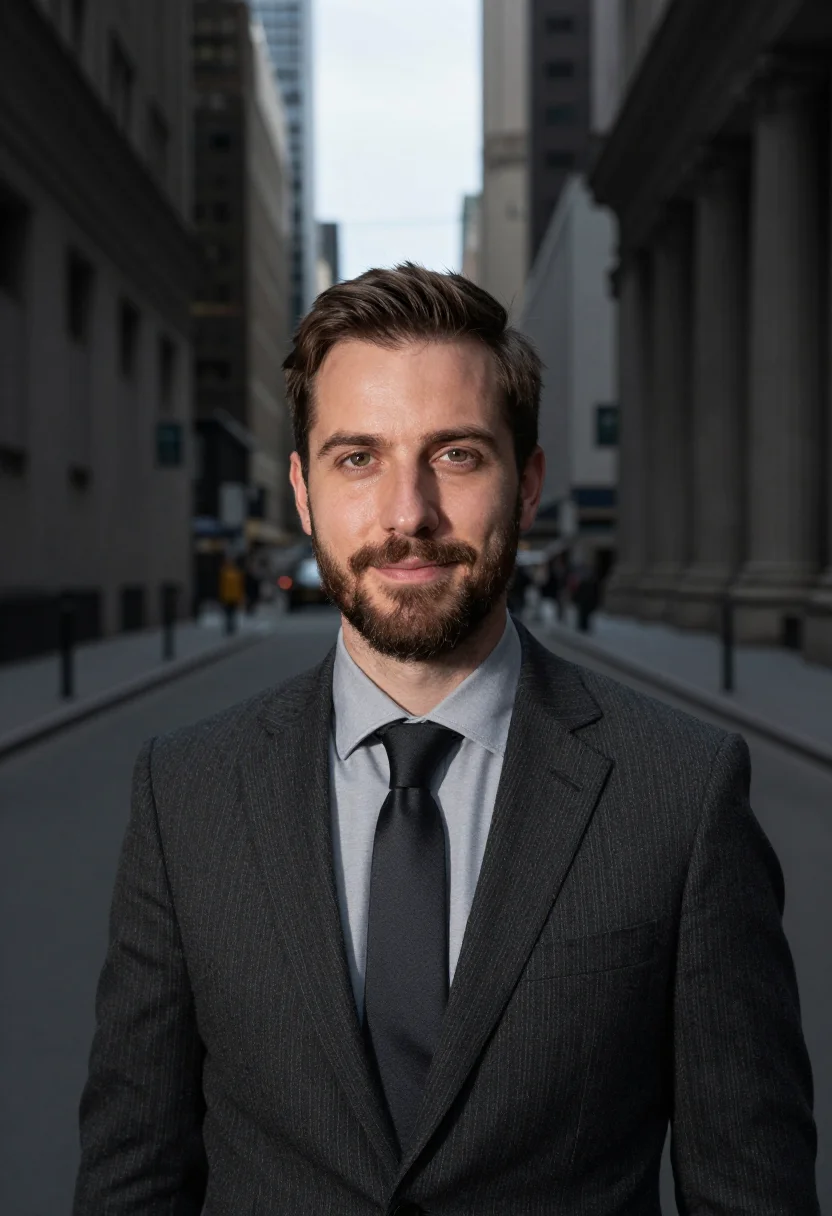 AI wall street banker charcoal sample — portrait of a man, framed tight, head and shoulders, the bod