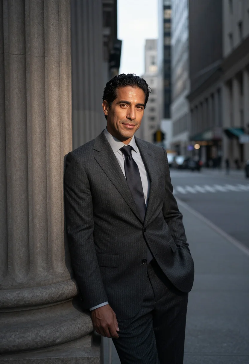AI wall street banker charcoal sample — portrait of a man, framed at half-length, cropped at the hip