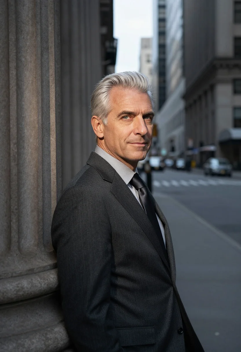 AI wall street banker charcoal sample — portrait of a man, framed tight, head and shoulders, the bod