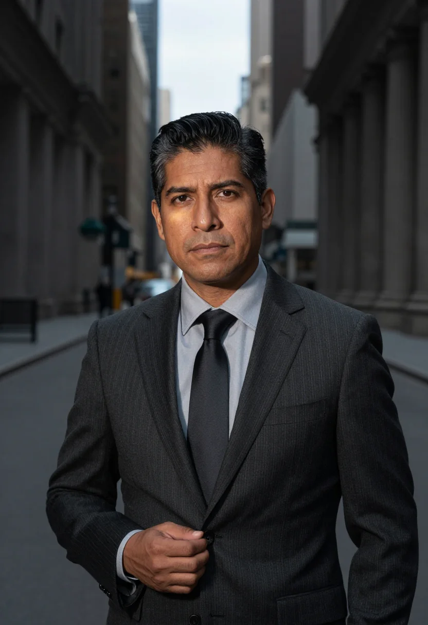 AI wall street banker charcoal sample — portrait of a man, framed chest-up, cropped at the ribs, the