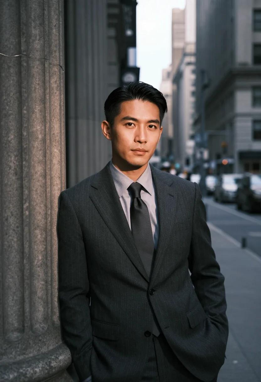 AI wall street banker charcoal sample — portrait of a man, framed chest-up, cropped at the ribs, the