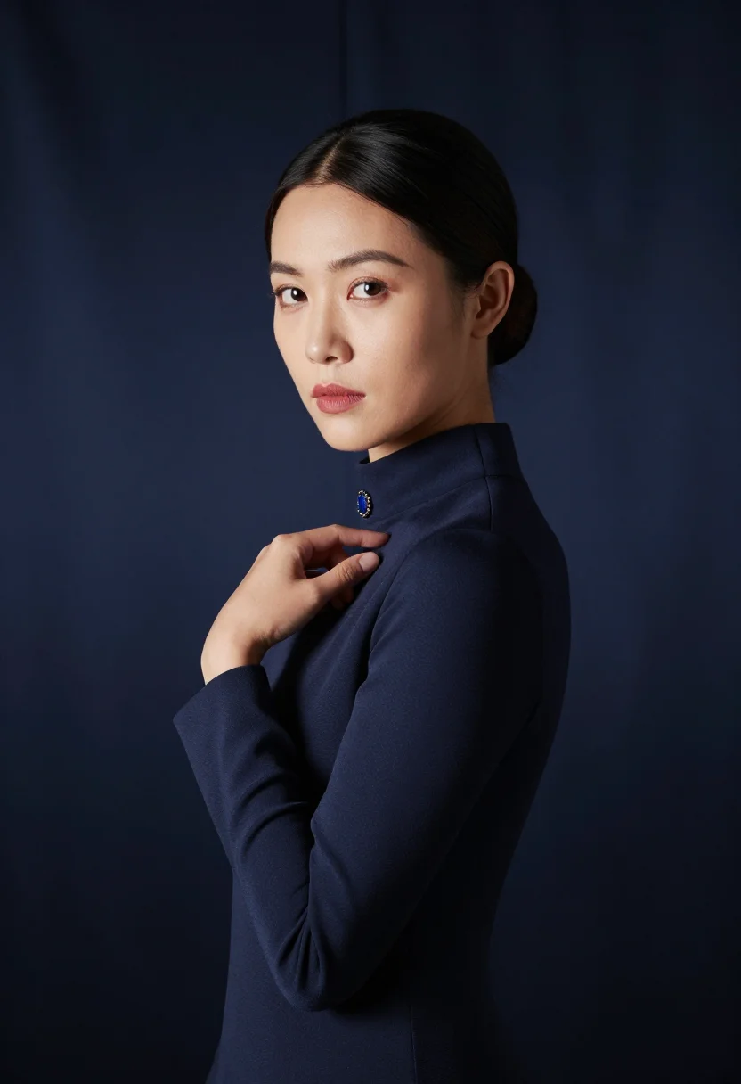 AI wallis simpson paris navy gala sample — portrait of a woman, framed chest-up, the body close to the