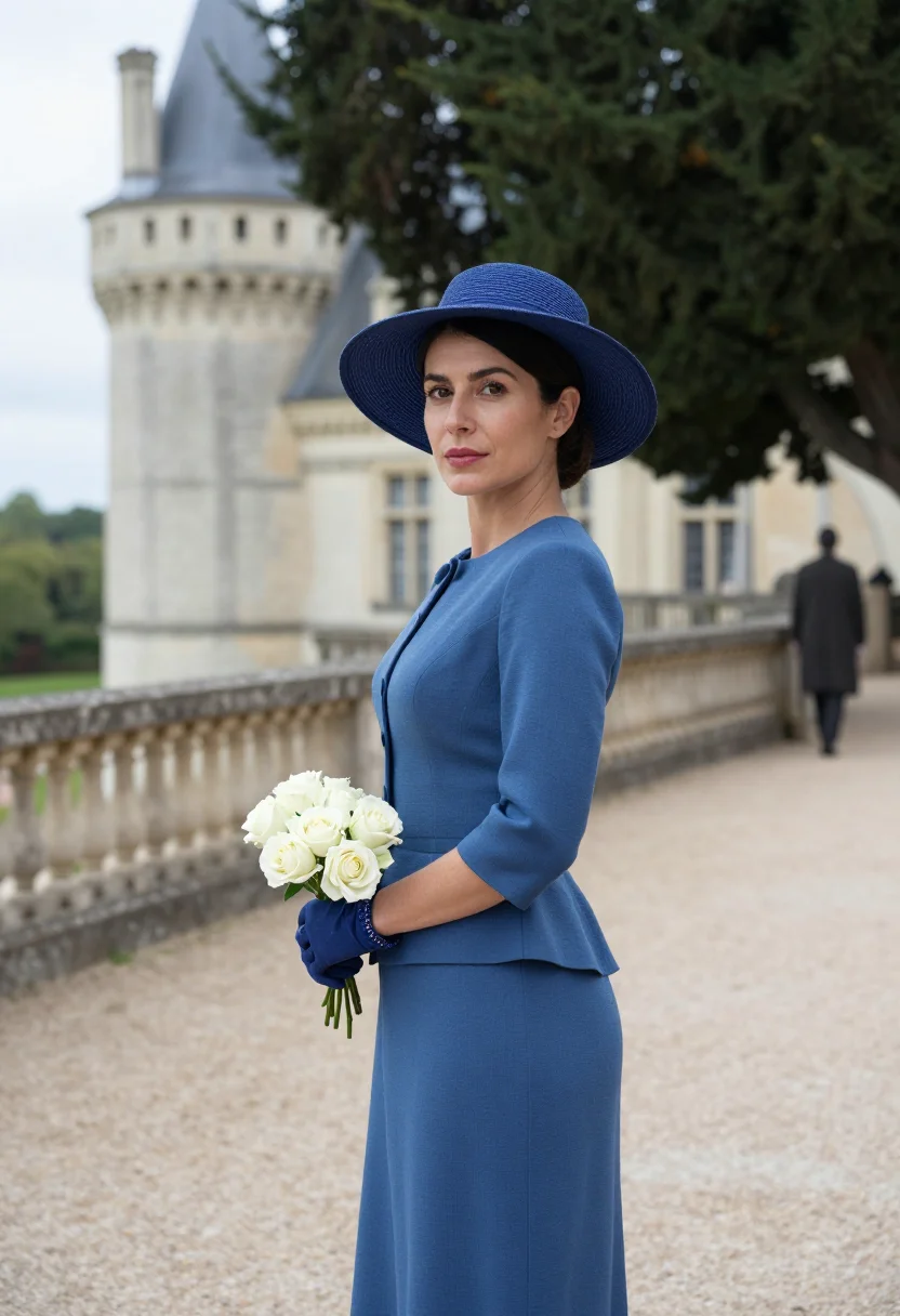 AI wallis simpson sample — portrait of a woman, a waist-up photograph on a château terr
