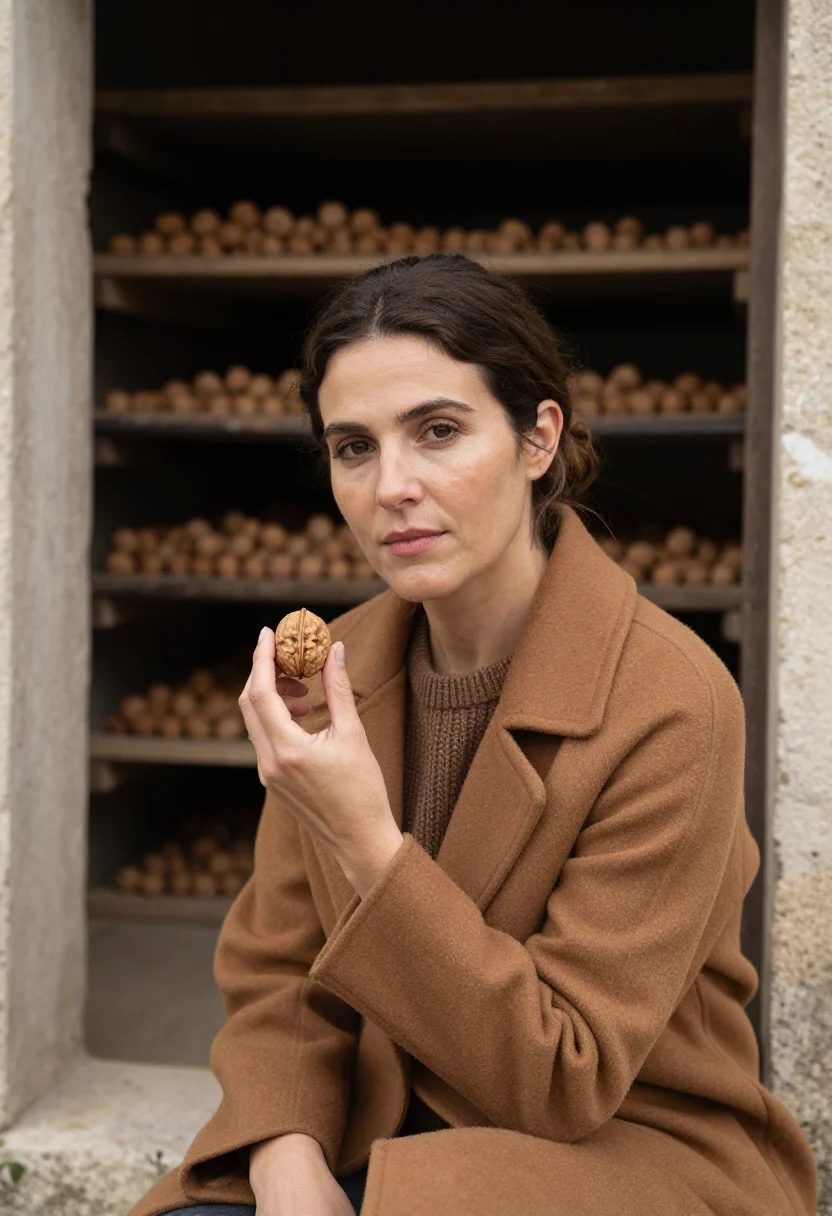 AI walnut harvest dordogne brown sample — portrait of a woman, chest-up portrait of a French woman in