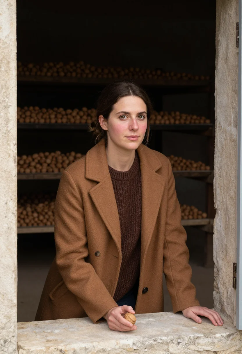 AI walnut harvest dordogne brown sample — portrait of a woman, waist-up portrait of a French woman in
