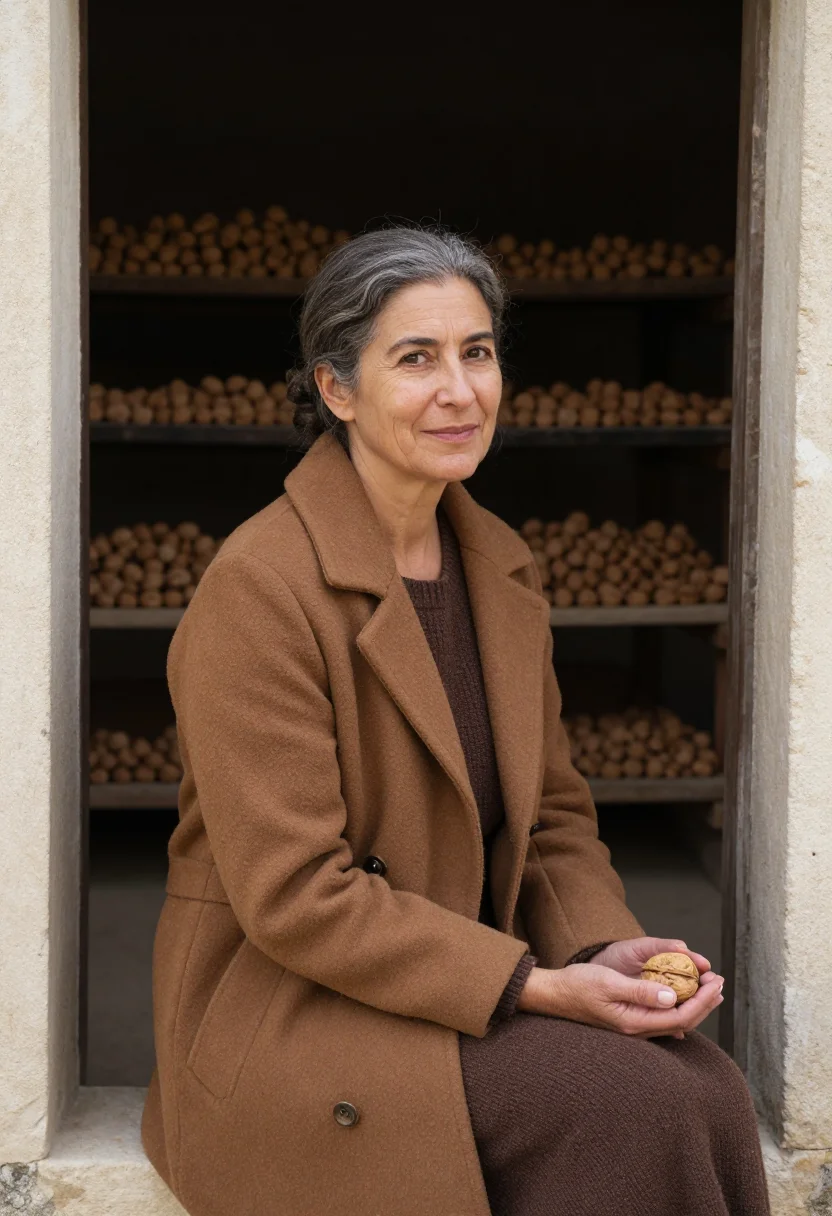 AI walnut harvest dordogne brown sample — portrait of a woman, half-length portrait of a French woman