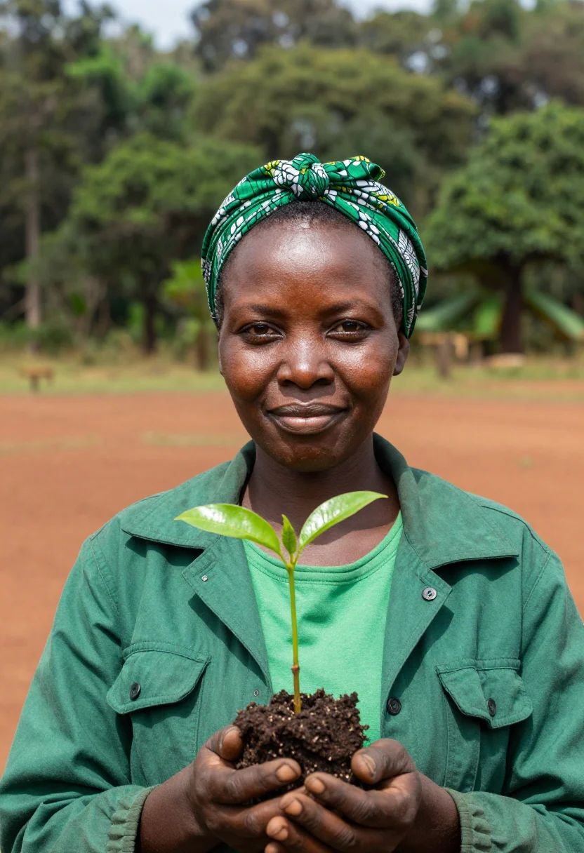 AI wangari maathai nairobi january green sample — portrait of a woman, framed tight, head and shoulders, the b
