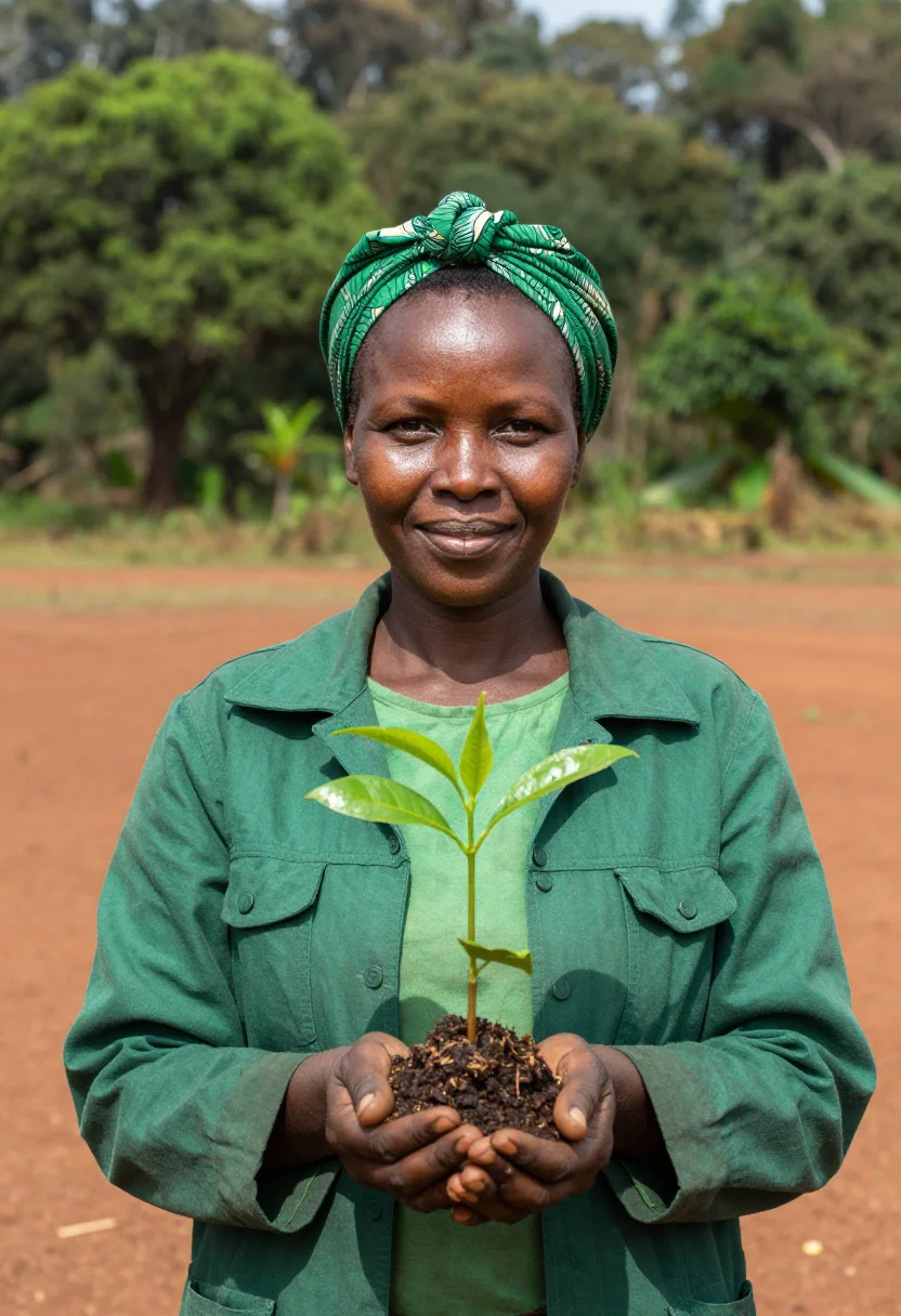 AI wangari maathai nairobi january green sample — portrait of a woman, framed chest-up, cropped at the ribs, t