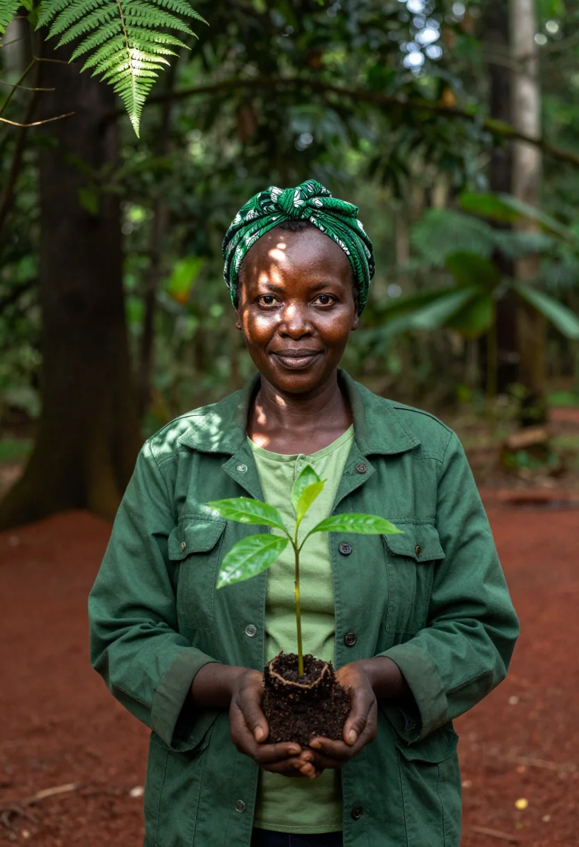 AI wangari maathai nairobi january green sample — portrait of a woman, framed half-length from the head to the