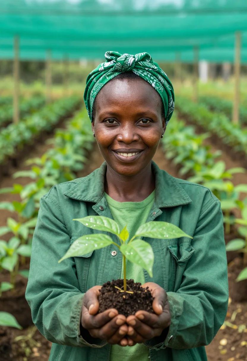 AI wangari maathai nairobi january green sample — portrait of a woman, framed tight, head and shoulders, the b