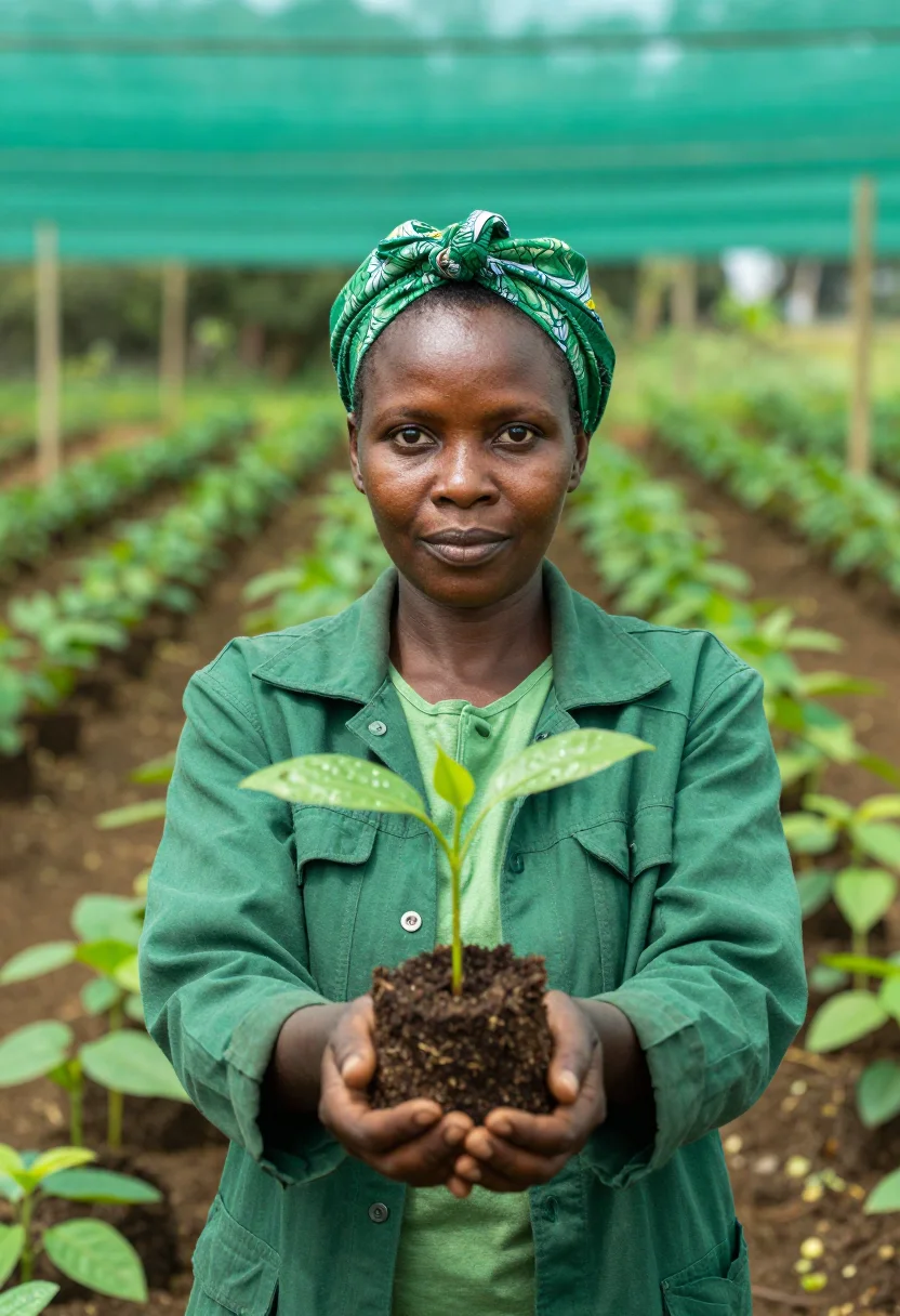 AI wangari maathai nairobi january green sample — portrait of a woman, framed chest-up, cropped at the ribs, t