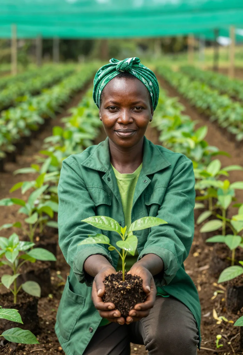AI wangari maathai nairobi january green sample — portrait of a woman, framed half-length from the head to the