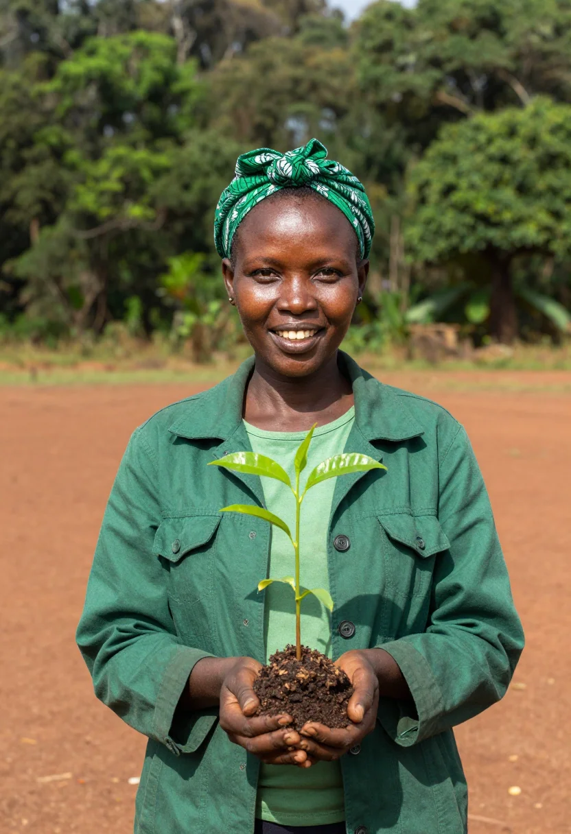 AI wangari maathai nairobi january green sample — portrait of a woman, framed half-length from the head to the