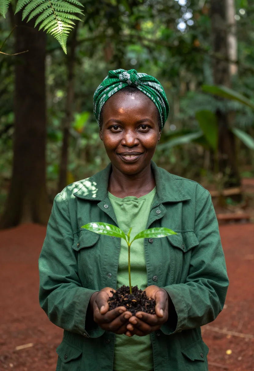 AI wangari maathai nairobi january green sample — portrait of a woman, framed chest-up, cropped at the ribs, t