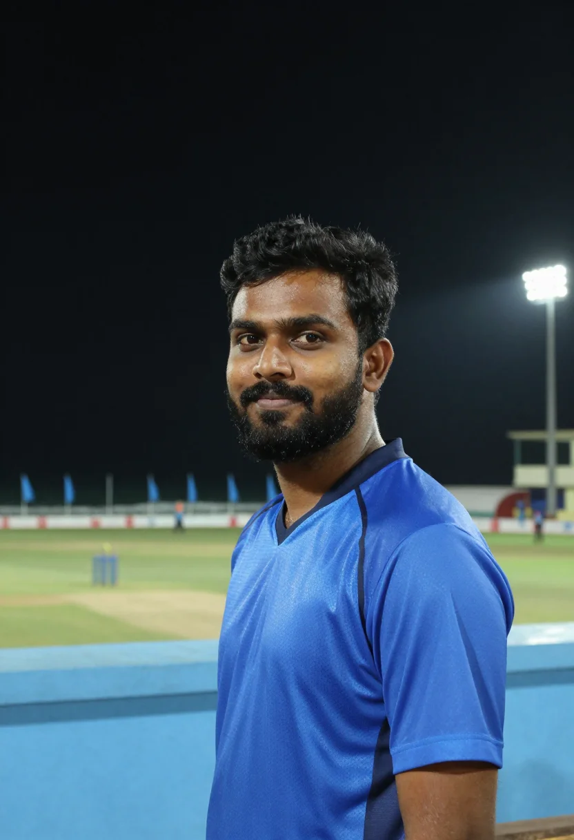 AI wankhede stadium mumbai blue night sample — portrait of a man, a Malayali cricket fan in his late twenti