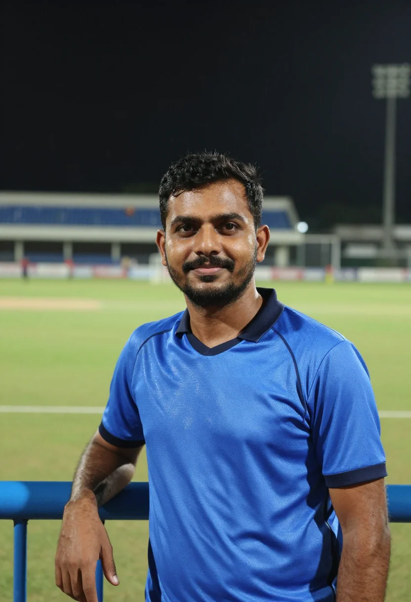 AI wankhede stadium mumbai blue night sample — portrait of a man, a Goan cricket fan in his late thirties w