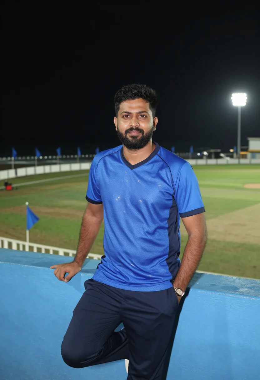AI wankhede stadium mumbai blue night sample — portrait of a man, a Punjabi cricket fan in his early fortie