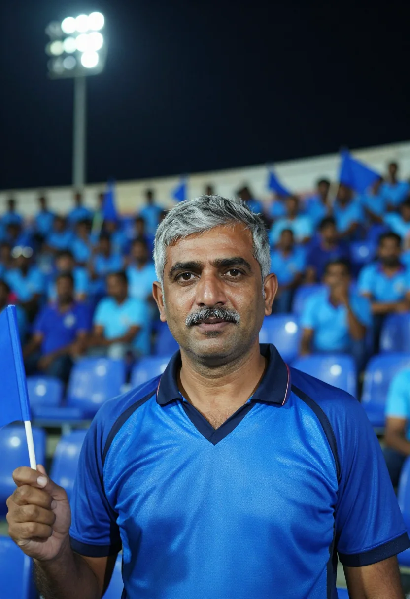 AI wankhede stadium mumbai blue night sample — portrait of a man, a Parsi cricket fan in his mid-forties wi