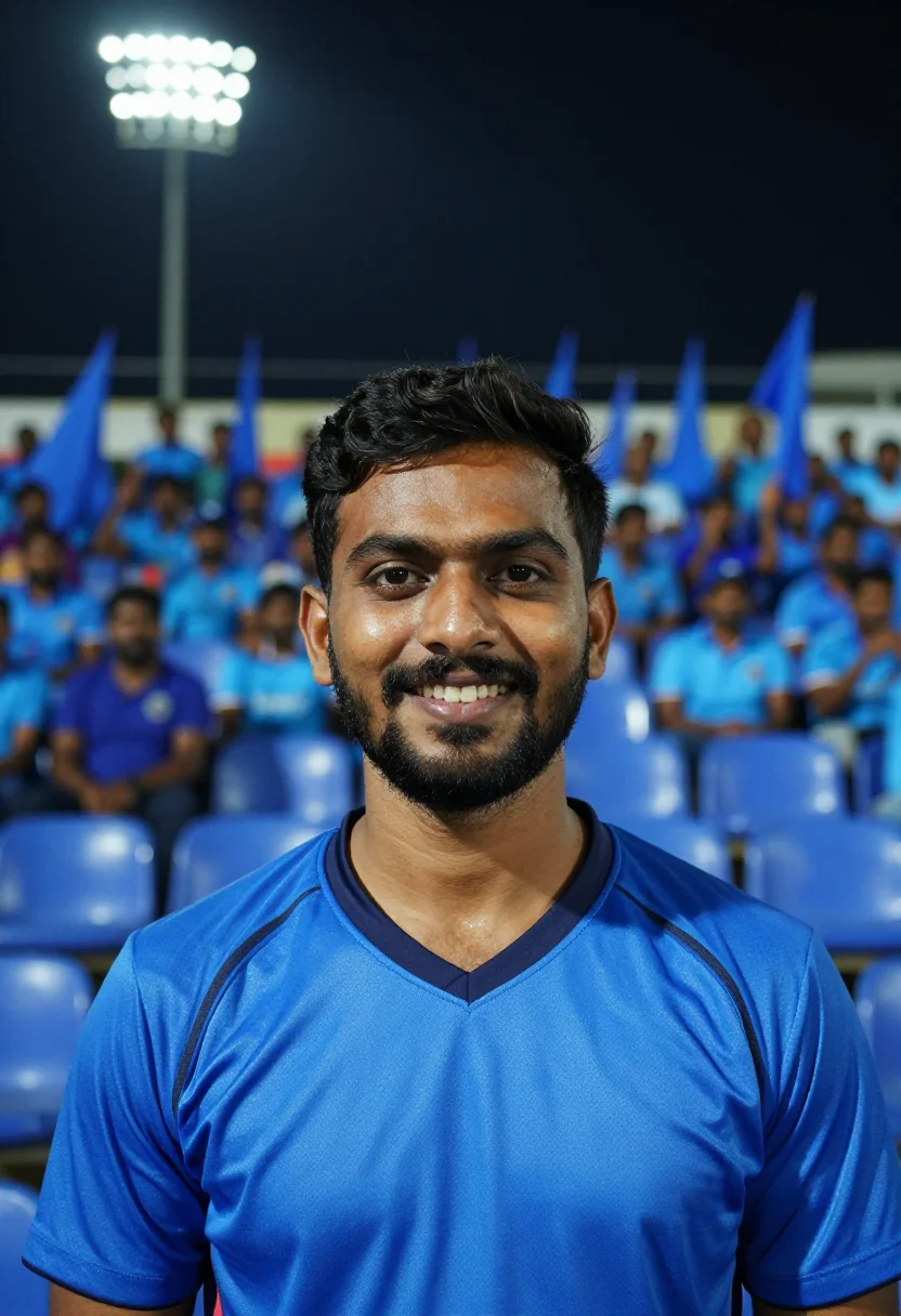 AI wankhede stadium mumbai blue night sample — portrait of a man, a Marathi cricket fan in his late twentie