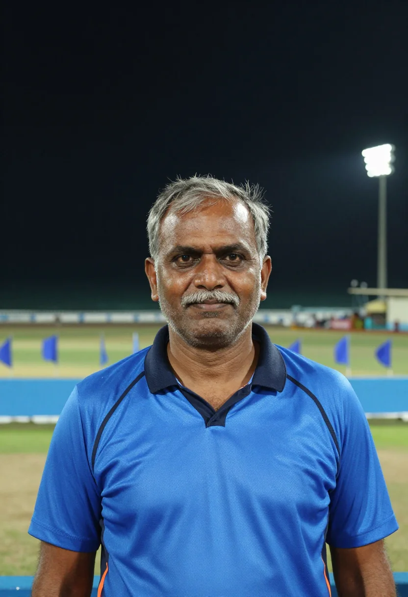 AI wankhede stadium mumbai blue night sample — portrait of a man, a Marathi cricket fan in his mid-fifties