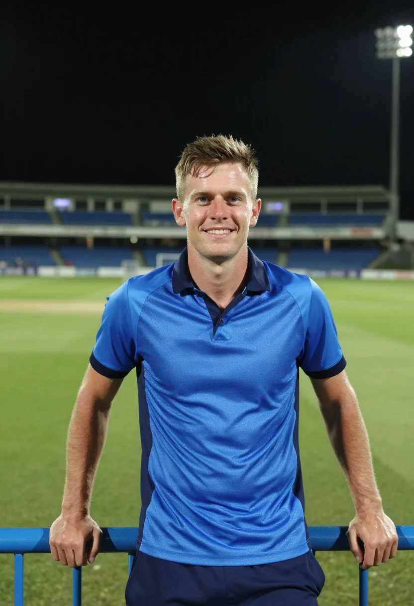 AI wankhede stadium mumbai blue night sample — portrait of a man, a Western-European cricket fan in his ear