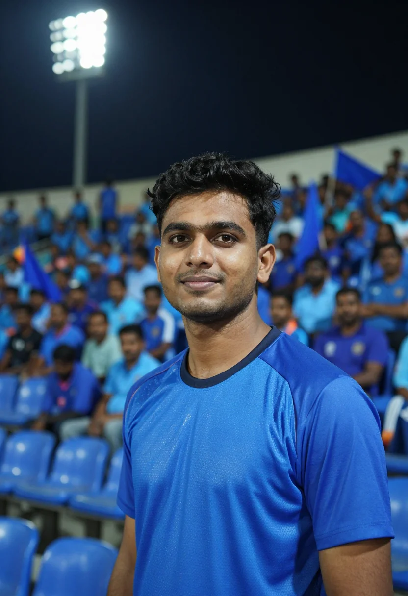 AI wankhede stadium mumbai blue night sample — portrait of a man, a Gujarati cricket fan in his early thirt