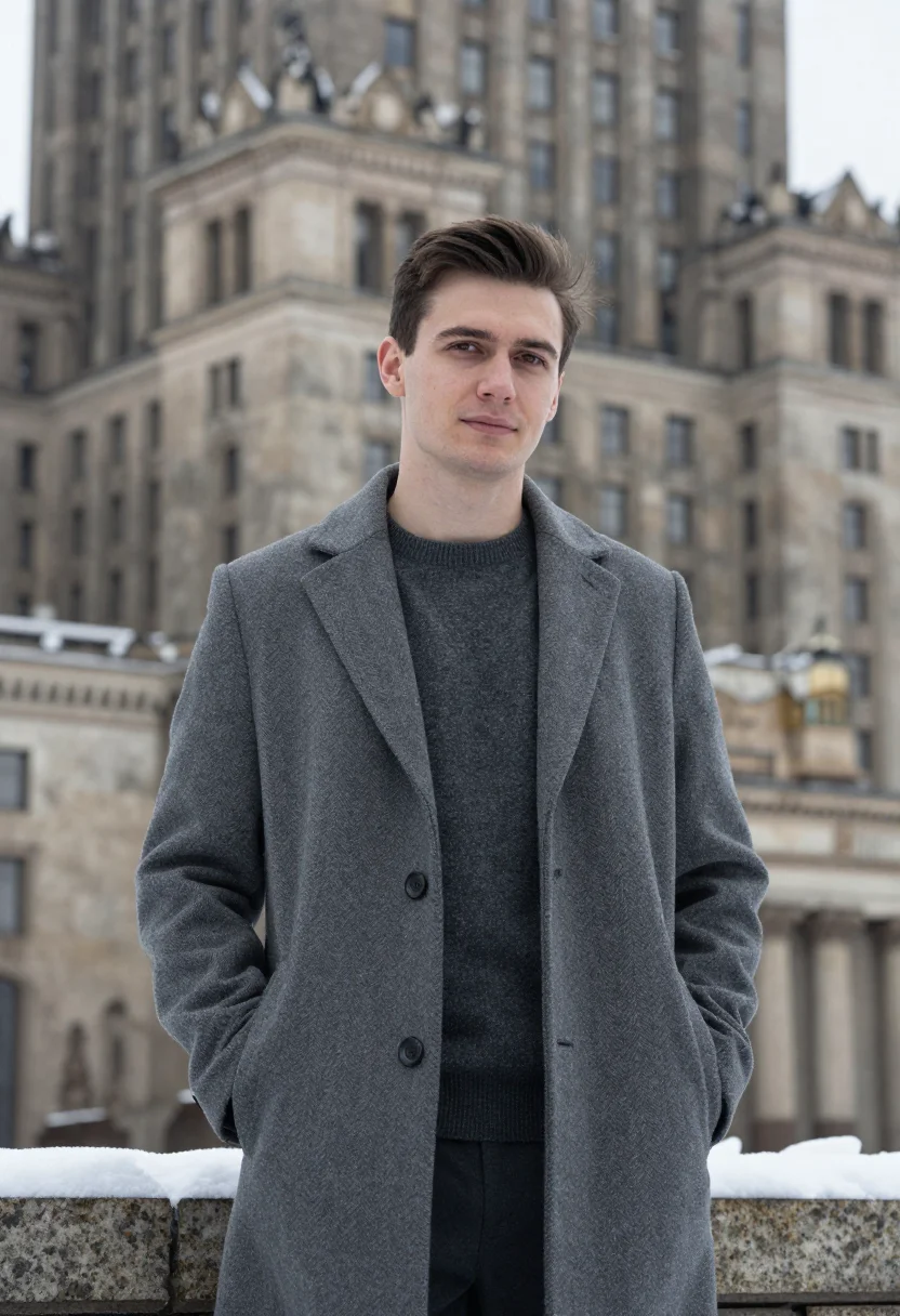 AI warsaw ml engineer snow concrete sample — portrait of a man, a Polish man in his late twenties with pa