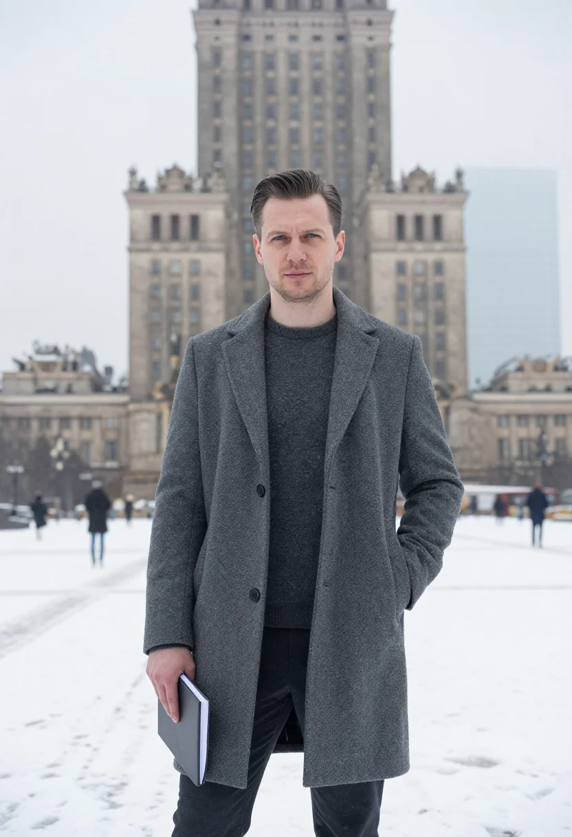 AI warsaw ml engineer snow concrete sample — portrait of a man, a Polish man in his late thirties with fa