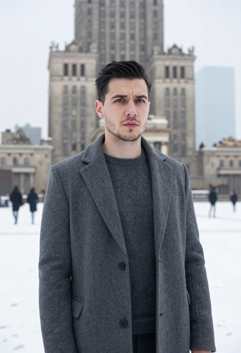 AI warsaw ml engineer snow concrete sample — portrait of a man, a Polish man in his early thirties with o