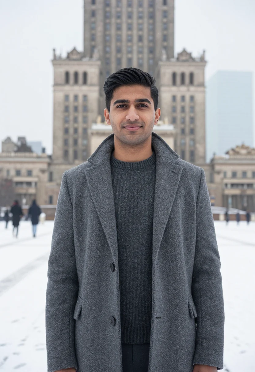 AI warsaw ml engineer snow concrete sample — portrait of a man, a Polish man of Indian descent in his ear