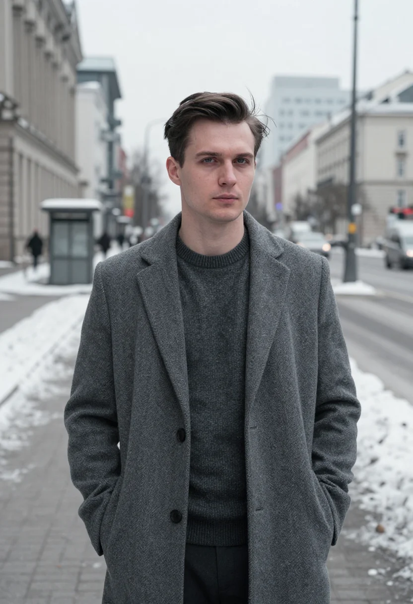 AI warsaw ml engineer snow concrete sample — portrait of a man, a Polish man in his late twenties with pa