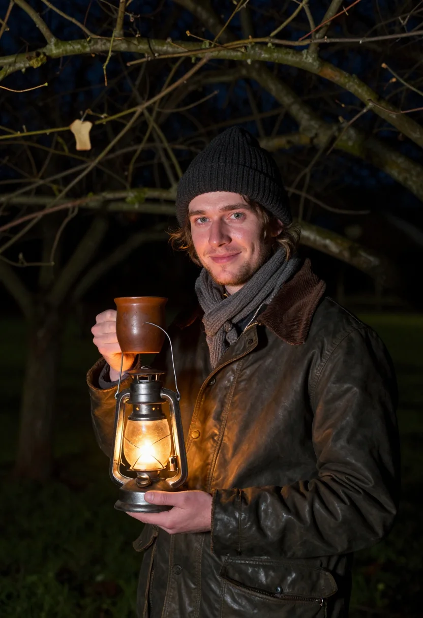 AI wassail somerset orchard lantern sample — portrait of a man, framed chest-up with the crop at the ribs