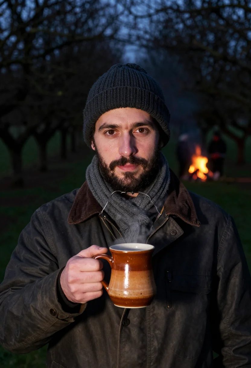 AI wassail somerset orchard lantern sample — portrait of a man, framed tight, head and shoulders, the bod