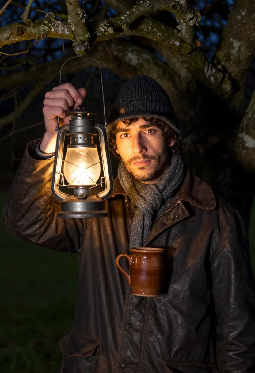 AI wassail somerset orchard lantern sample — portrait of a man, framed tight, head and shoulders, the bod