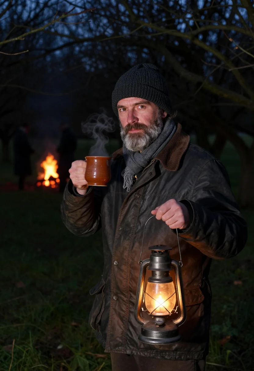 AI wassail somerset orchard lantern sample — portrait of a man, framed half-length from the crown to the